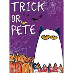 a trick or pete book cover with a cat and pumpkins on the table in front of it