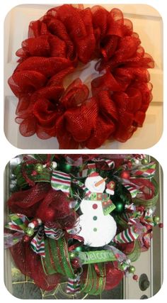 two christmas wreaths, one with a snowman on it and the other decorated