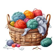 a basket filled with balls of yarn next to knitting needles