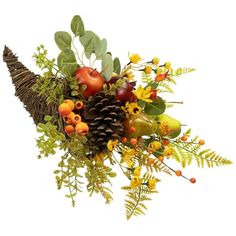 an arrangement of flowers and fruit is displayed on a white background