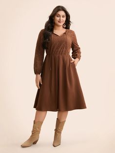 Broderie Anglaise Patchwork Tie Knot Dress – BloomChic Fall A-line Dress With Lace Trim, Long Sleeve Midi Dress With Lace Patchwork For Fall, Fall Long Sleeve Midi Dress With Lace Patchwork, Brown Patchwork V-neck Dress, Patchwork A-line Dresses For Work, Long Sleeve Patchwork Dresses For Daywear, Casual Long Sleeve Dress With Lace Patchwork, Brown Long Sleeve Patchwork Dresses, V-neck Patchwork Dresses For Work