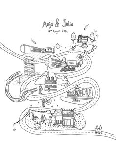 a black and white drawing of an area with buildings, trees, and people on it