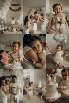 a collage of photos with babies and balloons