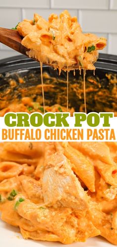 the crock pot buffalo chicken pasta is ready to be eaten