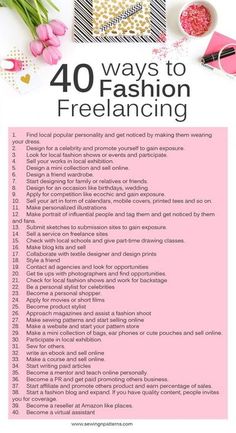 a pink poster with the words 40 ways to fashion freelancing on it and flowers