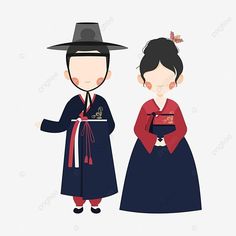 two people dressed in traditional korean clothing, one wearing a hat and the other holding a book