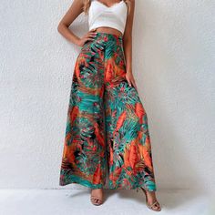 77.4 Pants Stand, Loose Fabric, Printed Wide Leg Pants, Clean Body, Boho Patterns, Tropical Pattern, Beautiful Clothes, Move In, Style Boho