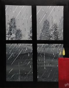 a window with rain falling down and a red vase sitting in front of it