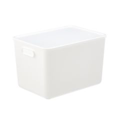 a white storage box with handles on the top and bottom is shown against a white background