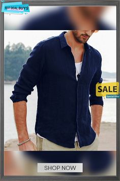 Men's Linen Shirt Summer Shirt Casual Shirt Beach Shirt Turndown All Seasons Long Sleeve Black White Blue Solid Color Work Casual Clothing Apparel Patchwork Casual Navy Shirt For Vacation, Blue Relaxed Fit Shirt For Beach, Casual Navy Summer Shirt, Navy Casual Shirt With Casual Collar, Navy Casual Shirt With Collar, Navy Long Sleeve Summer Top, Navy Long Sleeve Tops For The Beach, Navy Long Sleeve Tops For Beach, Blue Long Sleeve Beach Shirt