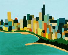 a painting of a city skyline with blue water