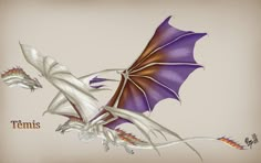 a purple and orange dragon flying through the air with it's wings spread out