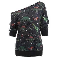 Dinosaur Print Skew Neck Sweatshirt - Black - 3O91802916 - Women's Clothing, Women's Hoodies & Sweatshirts  #WomensHoodiesSweatshirts #Women's #Clothing # #Women's #Hoodies #& #Sweatshirts Dinosaur Sweatshirt, Raglan Sleeve Sweatshirt, Cheap Sweatshirts, Crop Top Shirts, Sweatshirts Online, Fall Collection, Women Hoodies Sweatshirts, Print Sweatshirt, Print Pullover