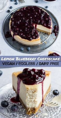 a cheesecake with blueberry sauce on top and a slice missing from the cake