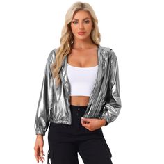 Shimmering holographic and metallic fabric is unique and shows your character. It's also outstanding among the public. Add an instant layer of partygoing charm to any look with this jacket in the shimmering metallic, which is your new warm-up must-have item. A bold metallic design lends a distinctive style to this jacket featuring a hood to stave off the breeze. This jacket can easily be worn every day with any outfit! The zipper in the jacket can also be easily dressed up or down. Simply pair it with a t-shirt or camisole and shorts for day to​​​​ night, and you will be a mostly bright one. Metallic Outerwear For Party, Trendy Hooded Outerwear For Party, Casual Metallic Outerwear For Party, Silver Hooded Outerwear For Streetwear, Silver Leather Jacket, Holographic Fashion, Cropped Windbreaker, Spring Blazer, Designer Sportswear