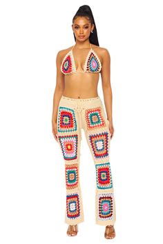 The Mali Crochet Pants Set is perfect for summer. It is crafted from high quality materials and features bright vibrant multi color crochet detailing. Perfect for vacations and summer concerts. 100% Acrylic Multicolor Pants For Beach And Spring Season, Multicolor Beach Pants For Spring, Multicolor Beach Pants For Beach Season, Multicolor Spring Beach Pants, Spring Multicolor Beach Pants, Summer Crochet Bottoms For Beach, Multicolor Summer Beach Pants, Crochet Bottoms For Beach Vacation, Hippie Multicolor Bottoms For Beach Season