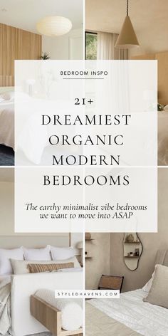 the bedroom is clean and organized with white linens, wood accents, and neutral colors