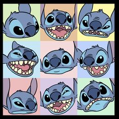 the faces of various cartoon characters with mouths open and teeth wide, all in different colors