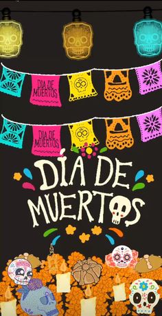 a poster for dia de muertos with sugar skulls and flowers on it,