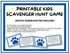 printable kids scavenger hunt game with blue and white border, paw prints