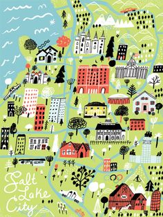 an illustrated map of the city of salt lake, utah with buildings and trees on it