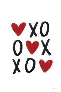 the word xoxo written in black ink with red hearts