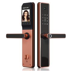 an electronic door lock with the image of a woman on it