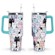 two travel mugs with cats on them, one is blue and the other has pink