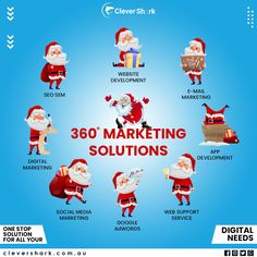 the santa clause is pointing at something in his hand and it says, 360 marketing solutions