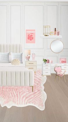 a bedroom with white furniture and pink accessories on the floor, along with a bed