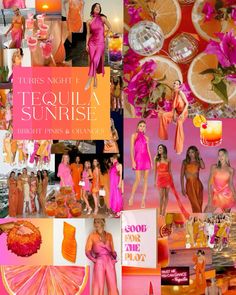 a collage of photos with oranges and pinks on them, including the words tequila sunrise