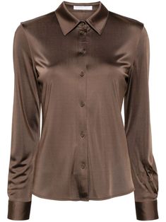 chocolate brown satin finish classic collar front button fastening long sleeves buttoned cuffs curved hem Elegant Tops, Wardrobe Refresh, Brown Satin, City Dress, Airport Fashion, Summer Beach Wear, Helmut Lang, Dream Clothes, Chocolate Brown