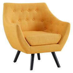 a yellow chair with black legs and buttons on the back is sitting in front of a white background