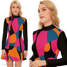 Dive into the mesmerizing world of 60s fashion with our Abstract Opt Art Mod Dress. This GOGO Dress is a stunning representation of the iconic Mod style, featuring a vibrant and artistic pattern in shades of blue, pink, black, and orange. The abstract geometric design adds a touch of avant-garde flair, making it a standout piece for any vintage enthusiast. The mini dress silhouette pays homage to the energetic and free-spirited vibes of the 60s, creating a perfect blend of retro and contemporary Fitted Mini Dress With Retro Print In 70s Style, Fitted Mini Dress With Retro Print, 70s Inspired, Fitted Retro Mini Dress With Retro Print, Retro Print Mod Mini Dress, 70s Inspired Fitted Mini Dress For Party, Fitted Mod Mini Dress With Retro Print, Fitted Mini Dress With Retro Print, Fitted Mini Dress With Geometric Pattern, Retro Fitted Dress With Geometric Pattern