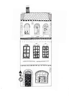 a black and white drawing of a building with two windows on the front, and a clock tower above it