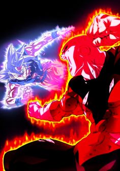 two red and blue pokemon characters are in the dark with bright flames around their backs