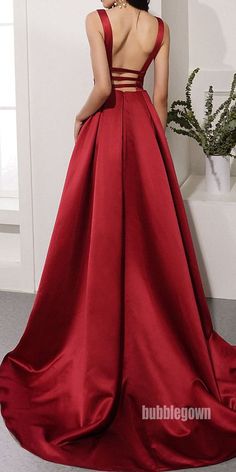 Satin V-neck Gown With Sweep Train, Red V-neck Gown For Banquet, Red Satin V-neck Gown, V-neck Satin Gown For Prom, Satin V-neck Gown For Prom, V-neck Satin Dress With Sweep Train, Prom Gown With Sweep Train And V-neck, V-neck Prom Gown With Sweep Train, Luxury Solid Color Full-length Gown