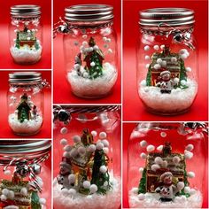 there are many different pictures of snow globes in glass jars with santa clause on top