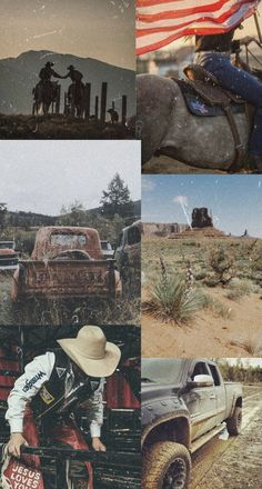 four different pictures with people and trucks in the middle one has an american flag on it