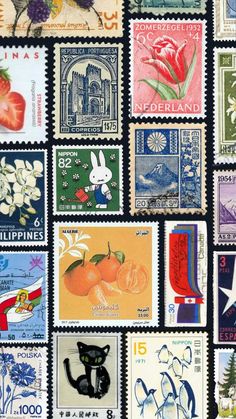 many different stamps with pictures of animals and flowers on them, all in different colors