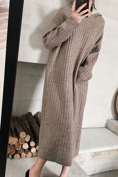 Loose Knit Dress, Loose Knit Jumper, New Long Dress, Knitted Winter Dress, Hooded Sweater Dress, Long Dress Plus Size, Sweaters Black, Korean Fashion Dress, Hooded Dress