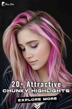 Unlock your hair's potential with chunky highlights that shine – adding depth and dimension for locks that radiate with every movement. 💇‍♀️✨ Chunk Of Color In Hair, Chunks Of Color In Hair, Bright Color Highlights, Chunky Highlight, Funky Highlights, Dramatic Highlights, Chunky Blonde Highlights, Fantasy Hair Color, Long Hair Highlights