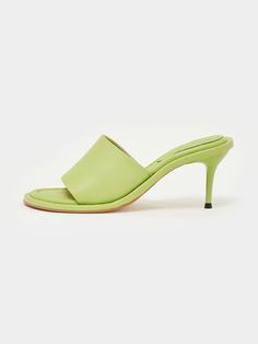 Editor's NotesEye-catching, extraordinary pairs of shoes designed by TONNO22 - Matte leather offers modern feeling- Wide webbing upper - Kitten heels- Mule style- Round open toe Measurements (in.)- Size: KR 225mm - KR 250mm(US 5.5 - 8)- Heel 2.8 in.- Fits true to the size* Heel Options available: Green same as upper OR Black coated heelComposition & Care- Upper: Sheepskin- Insole: Pig skin- Do not wash. - The fine screw, wrinkles, and pores are not subject to exchange and refund.Designer- by TONNO22 Modern Calf Leather Heels With Heel Loop, Pig Skin, Black Coat, Heeled Mules, Designer Shoes, Open Toe, Kitten Heels, Heels, Green