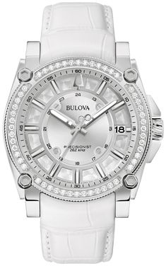 Bulova watch Model 96J122
From the ICON collection, this watch is an astonishing interpretation of modern design, fueled by the most advanced precisionist technology in Bulova. Distinguished by angular lines and pronounced facets, the 40 mm silver stainless steel case has a siller set by hand with 52 diamonds full dazzling size of 1.5 mm totaling 0.79 CT. The case is equipped with curved sapphire ice cream and is waterproof to 100 m. A radiant silver dial has a grooved texture and is segmented b White Chronograph Watch With Round Dial For Anniversary, White Chronograph Watch With Round Dial, Modern Analog Diamond Watch For Anniversary, Modern Diamond Analog Watch For Anniversary, Modern Anniversary Watches With Metal Dial, White Watch Accessories With Skeleton Dial, White Chronograph Watch With Diamond Hour Markers, White Diamond Watch With Subdials And Round Dial, White Diamond Watch With Subdials