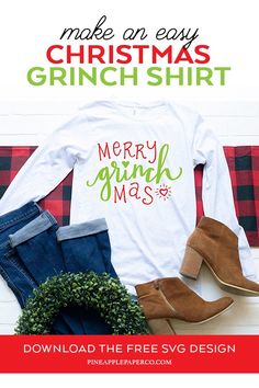 a christmas shirt with the words merry grinn'm'mas on it and some shoes