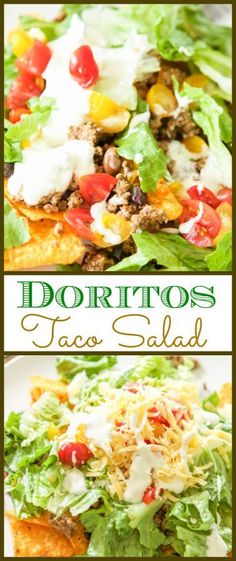 taco salad with lettuce, tomatoes, cheese and other toppings on it