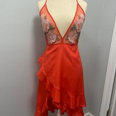 Cleobella Summer Dress With Tags. Has Small Imperfection In The Front. Size S Flirty Red Floral Print Dress, Red Floral Print Dress For Night Out, Orange Ruffle Dress For Night Out, Orange Ruffled Dress For Night Out, Orange Summer Dress, Orange Dress Summer, Summer Dress, High Low Dress, High & Low