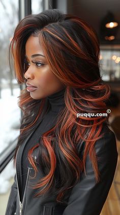 Orange Highlights In Black Hair, Black Hair With Orange Highlights, Orange Hair Highlights, Black Hair With Copper Highlights, Copper Highlights On Black Hair, Red Hair Streaks, Red Hair With Highlights