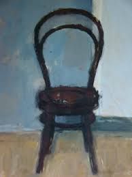 a painting of a wooden chair against a blue wall