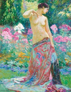 a painting of a woman in a flowered garden with her back to the camera